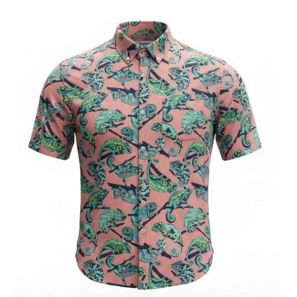 Old Navy Shirt Mens XXL Chameleon Print Short Sleeve Button Down Coral Vacation